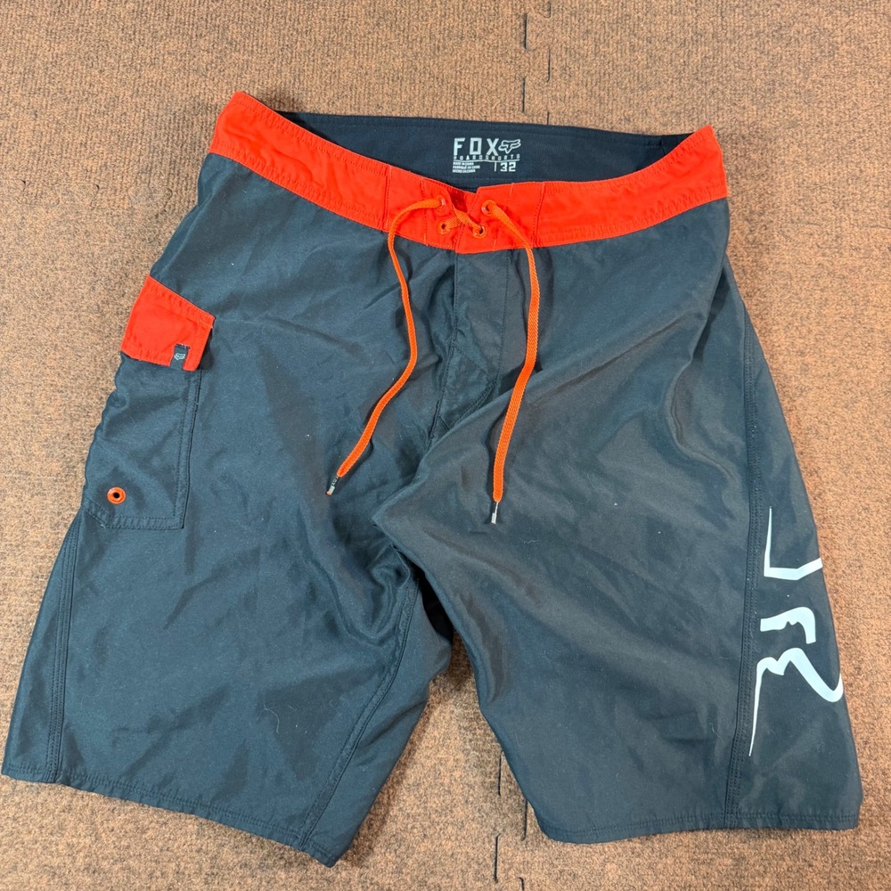 Fox Racing Board Shorts Mens 32 Black Orange Logo Cargo Swim Trunks Surf 3044